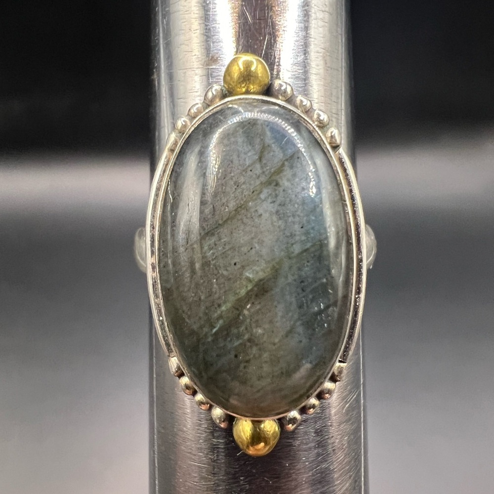 Sterling Silver Ring with Oval Labradorite and Brass Accents at Top and Bottom